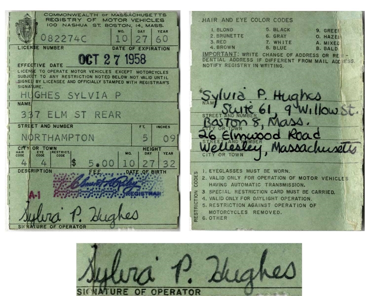 Sylvia Plath Twice-Signed Driver's License From 1958 -- Plath Also Handwrites Her Addresses, Including ''9 Willow St.''